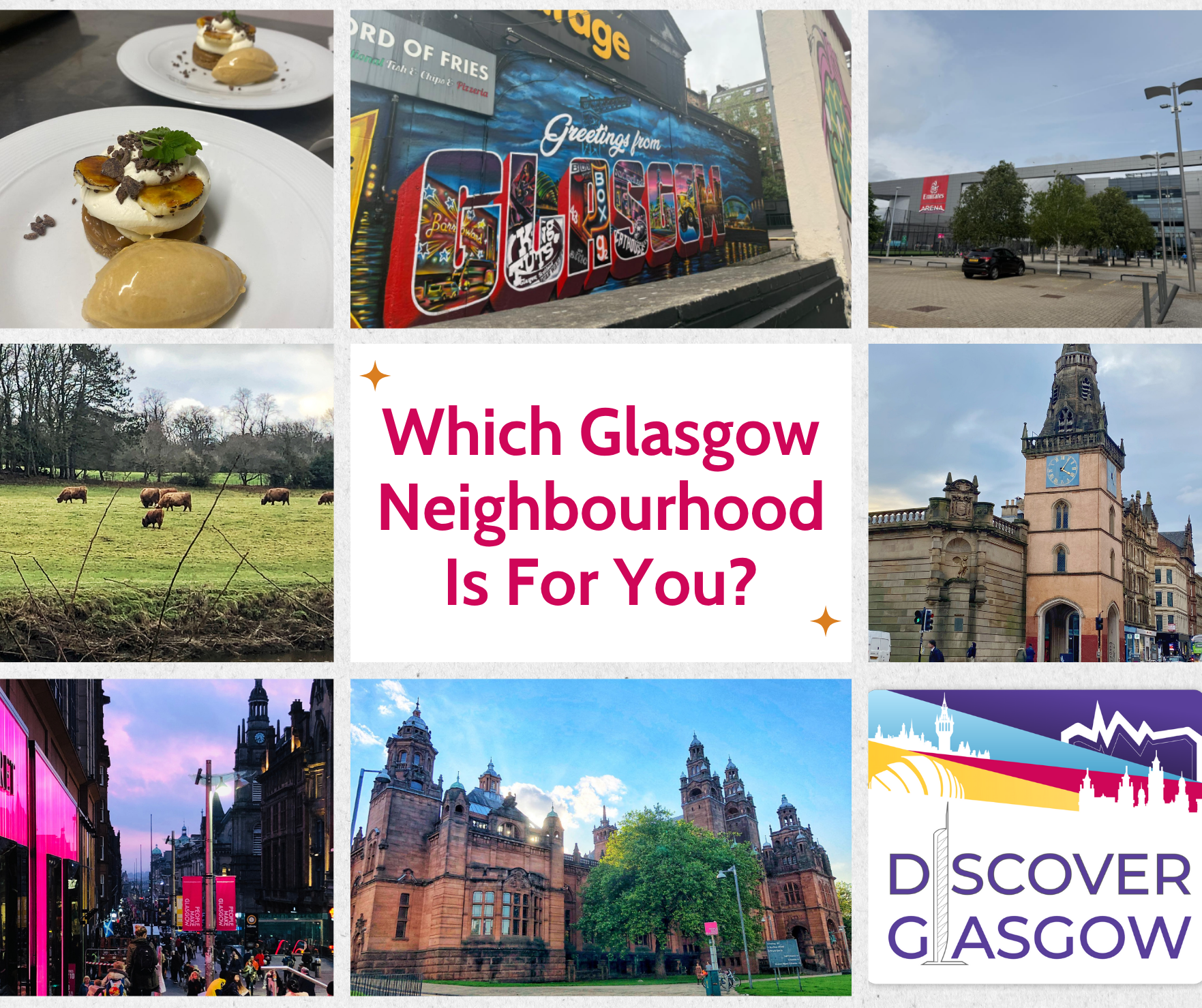 collage of different types of places around Glasgow