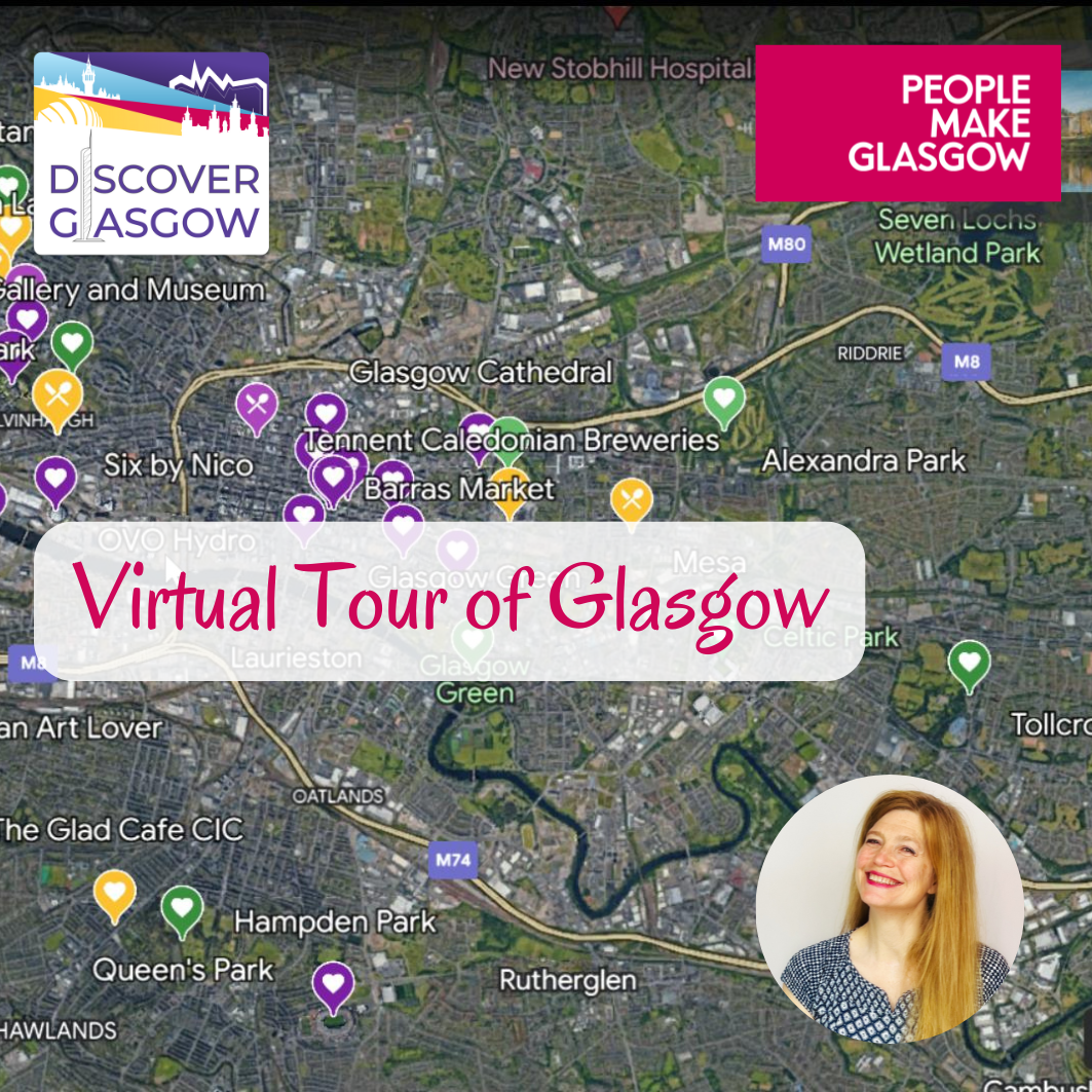 Map of Glasgow, smiling face of guide and logos